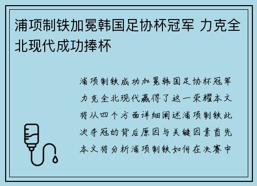 浦项制铁加冕韩国足协杯冠军 力克全北现代成功捧杯